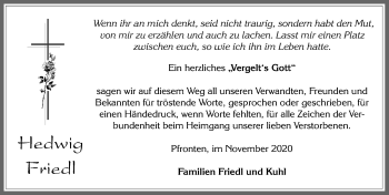 Traueranzeige von Hedwig Friedl von Allgäuer Zeitung, Füssen