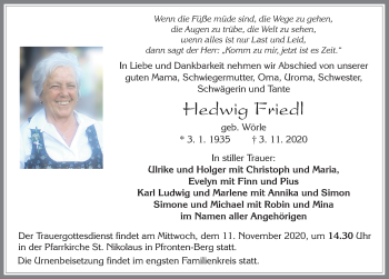 Traueranzeige von Hedwig Friedl von Allgäuer Zeitung, Füssen