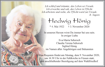 Traueranzeige von Hedwig Hönig von Allgäuer Zeitung, Füssen