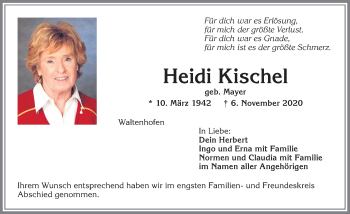 Traueranzeige von Heidi Kischel von Allgäuer Zeitung,Kempten