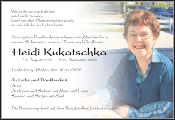 Traueranzeige von Heidi Kukatschka von Der Westallgäuer