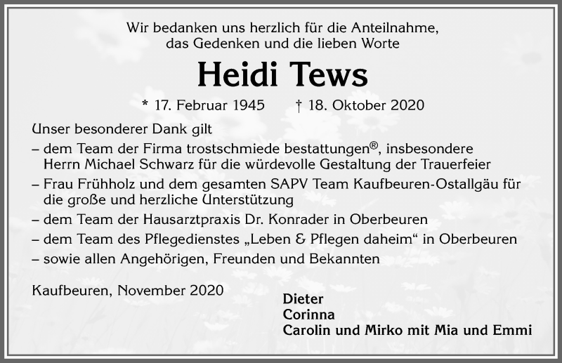  Traueranzeige für Heidi Tews vom 18.11.2020 aus Allgäuer Zeitung, Kaufbeuren/Buchloe