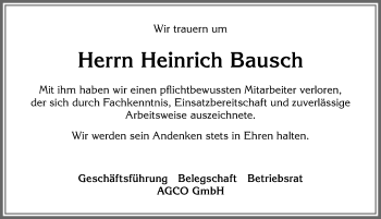 Traueranzeige von Heinrich Bausch von Allgäuer Zeitung, Marktoberdorf