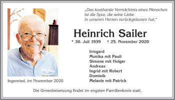 Traueranzeige von Heinrich Sailer von Allgäuer Zeitung, Marktoberdorf