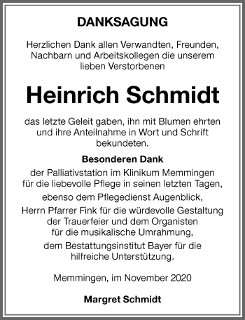 Traueranzeige von Heinrich Schmidt von Memminger Zeitung