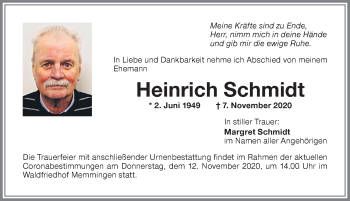 Traueranzeige von Heinrich Schmidt von Memminger Zeitung