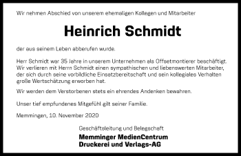 Traueranzeige von Heinrich Schmidt von Memminger Zeitung