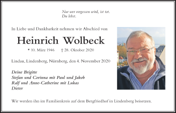 Traueranzeige von Heinrich Wolbeck von Der Westallgäuer