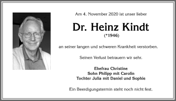 Traueranzeige von Heinz Kindt von Allgäuer Anzeigeblatt