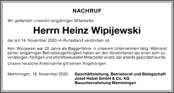 Traueranzeige von Heinz Wipijewski von Memminger Zeitung