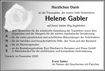 Traueranzeige von Helene Gabler von Allgäuer Zeitung,Kempten