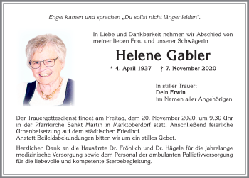 Traueranzeige von Helene Gabler von Allgäuer Zeitung,Kempten
