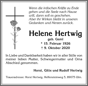 Traueranzeige von Helene Hertwig von Allgäuer Zeitung, Füssen