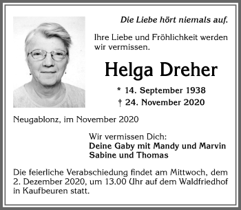 Traueranzeige von Helga Dreher von Allgäuer Zeitung, Kaufbeuren/Buchloe