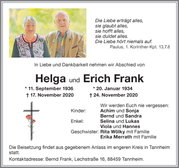 Traueranzeige von Helga Frank von Memminger Zeitung