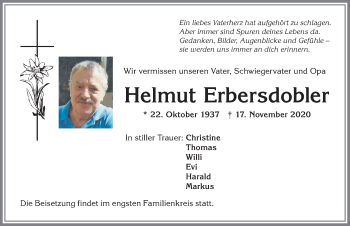 Traueranzeige von Helmut Erbersdobler von Allgäuer Anzeigeblatt