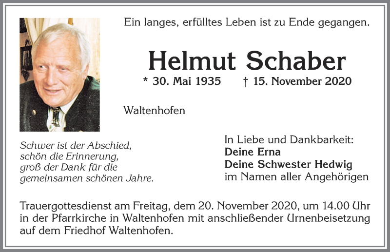  Traueranzeige für Helmut Schaber vom 18.11.2020 aus Allgäuer Zeitung,Kempten