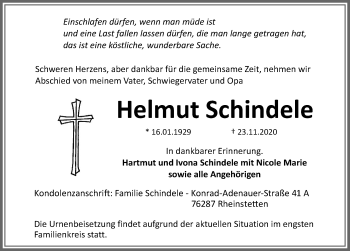Traueranzeige von Helmut Schindele von Memminger Zeitung