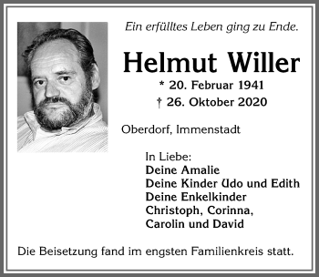 Traueranzeige von Helmut Willer von Allgäuer Zeitung