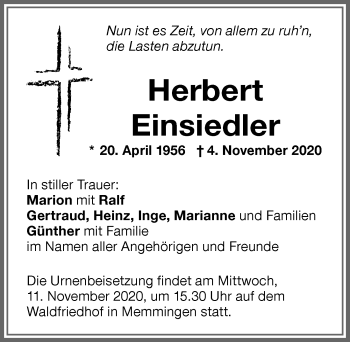 Traueranzeige von Herbert Einsiedler von Memminger Zeitung