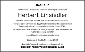 Traueranzeige von Herbert Einsiedler von Der Westallgäuer
