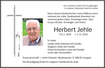 Traueranzeige von Herbert Jehle von Der Westallgäuer