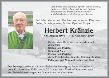 Traueranzeige von Herbert Kränzle von Allgäuer Anzeigeblatt