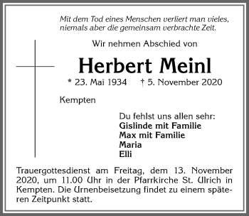 Traueranzeige von Herbert Meinl von Allgäuer Zeitung,Kempten