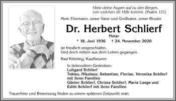 Traueranzeige von Herbert Schlierf von Allgäuer Zeitung, Kaufbeuren/Buchloe