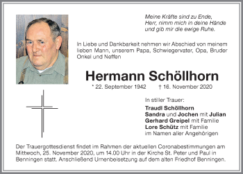 Traueranzeige von Hermann Schöllhorn von Memminger Zeitung