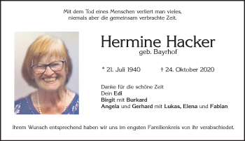 Traueranzeige von Hermine Hacker von Allgäuer Zeitung, Marktoberdorf