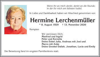 Traueranzeige von Hermine Lerchenmüller von Allgäuer Zeitung,Kempten