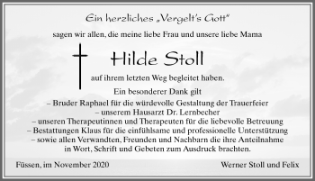 Traueranzeige von Hilde Stoll von Allgäuer Zeitung, Füssen