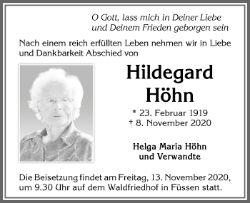 Traueranzeige von Hildegard Höhn von Allgäuer Zeitung, Füssen