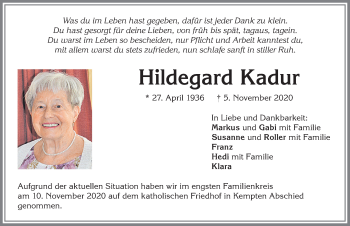 Traueranzeige von Hildegard Kadur von Allgäuer Zeitung,Kempten