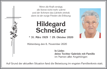 Traueranzeige von Hildegard Schneider von Allgäuer Anzeigeblatt