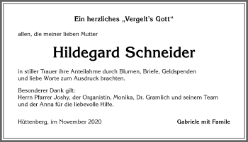 Traueranzeige von Hildegard Schneider von Allgäuer Anzeigeblatt