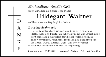 Traueranzeige von Hildegard Waltner von Der Westallgäuer
