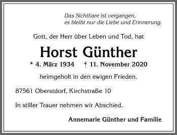 Traueranzeige von Horst Günther von Allgäuer Anzeigeblatt