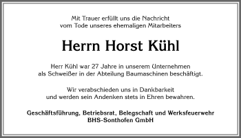 Traueranzeige von Horst Kühl von Allgäuer Anzeigeblatt