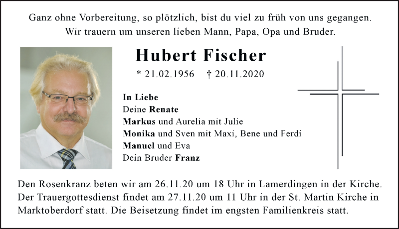  Traueranzeige für Hubert Fischer vom 25.11.2020 aus Allgäuer Zeitung
