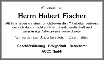 Traueranzeige von Hubert Fischer von Allgäuer Zeitung, Marktoberdorf