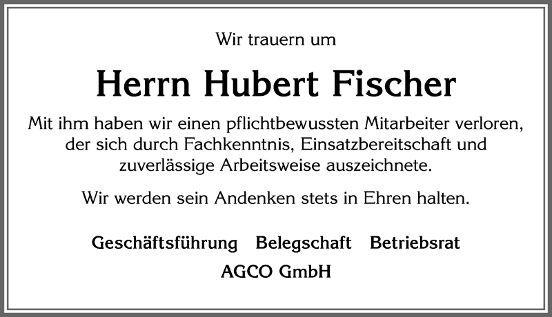  Traueranzeige für Hubert Fischer vom 27.11.2020 aus Allgäuer Zeitung, Marktoberdorf