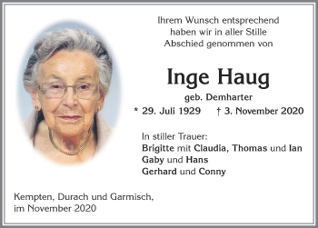 Traueranzeige von Inge Haug von Allgäuer Zeitung,Kempten