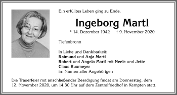 Traueranzeige von Ingeborg Martl von Allgäuer Zeitung,Kempten