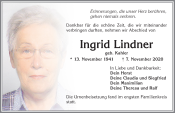 Traueranzeige von Ingrid Lindner von Allgäuer Zeitung, Kaufbeuren/Buchloe