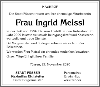 Traueranzeige von Ingrid Meissl von Allgäuer Zeitung, Füssen