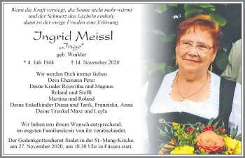 Traueranzeige von Ingrid Meissl von Allgäuer Zeitung, Füssen
