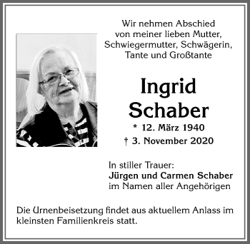 Traueranzeige von Ingrid Schaber von Allgäuer Zeitung, Kaufbeuren/Buchloe