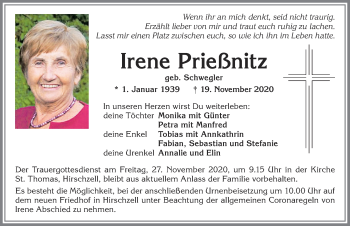 Traueranzeige von Irene Prießnitz von Allgäuer Zeitung, Kaufbeuren/Buchloe
